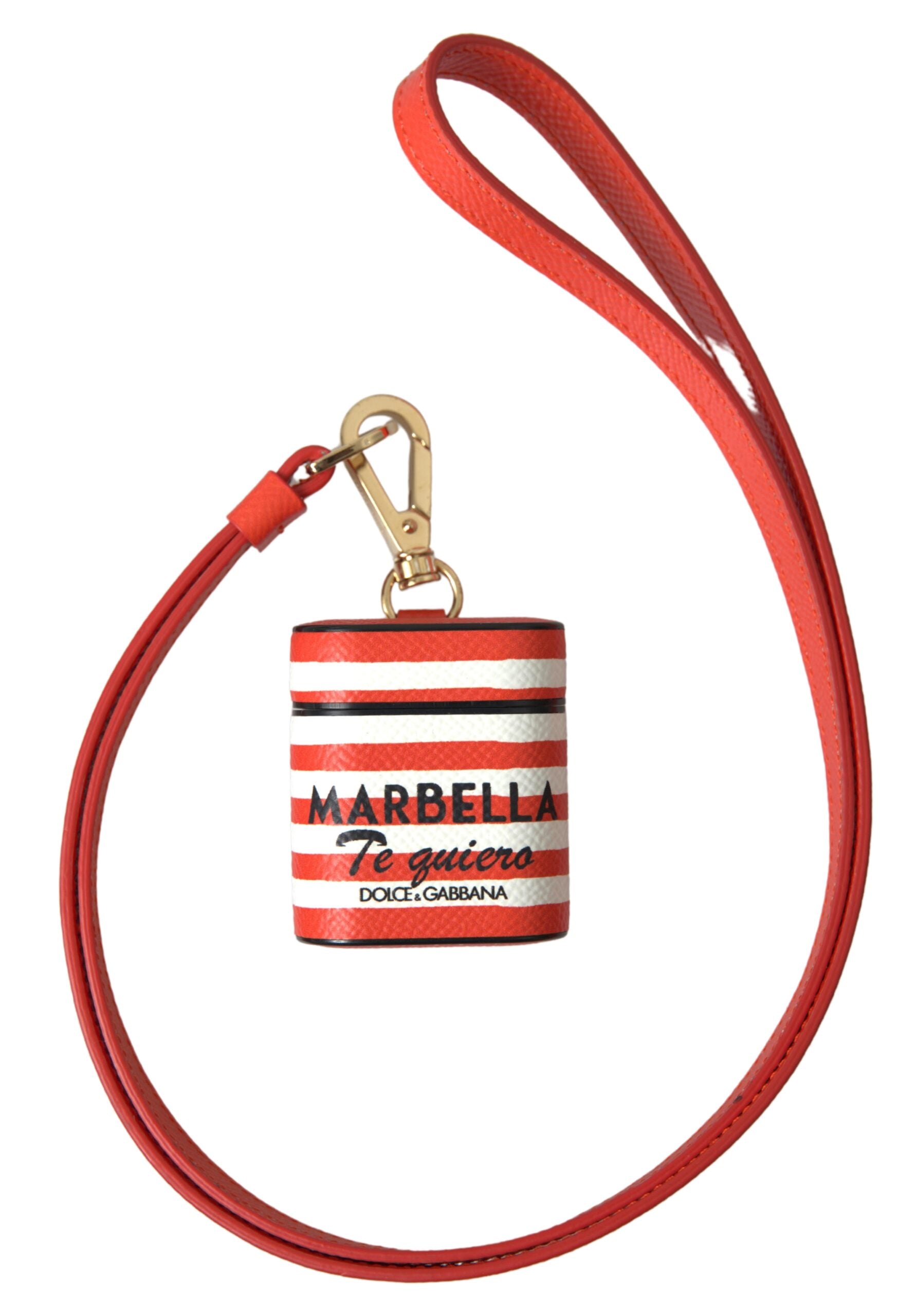 Orange stripe leather AirPods case with Dolce & Gabbana logo strap, dauphine style, featuring a sleek design and vibrant pattern.