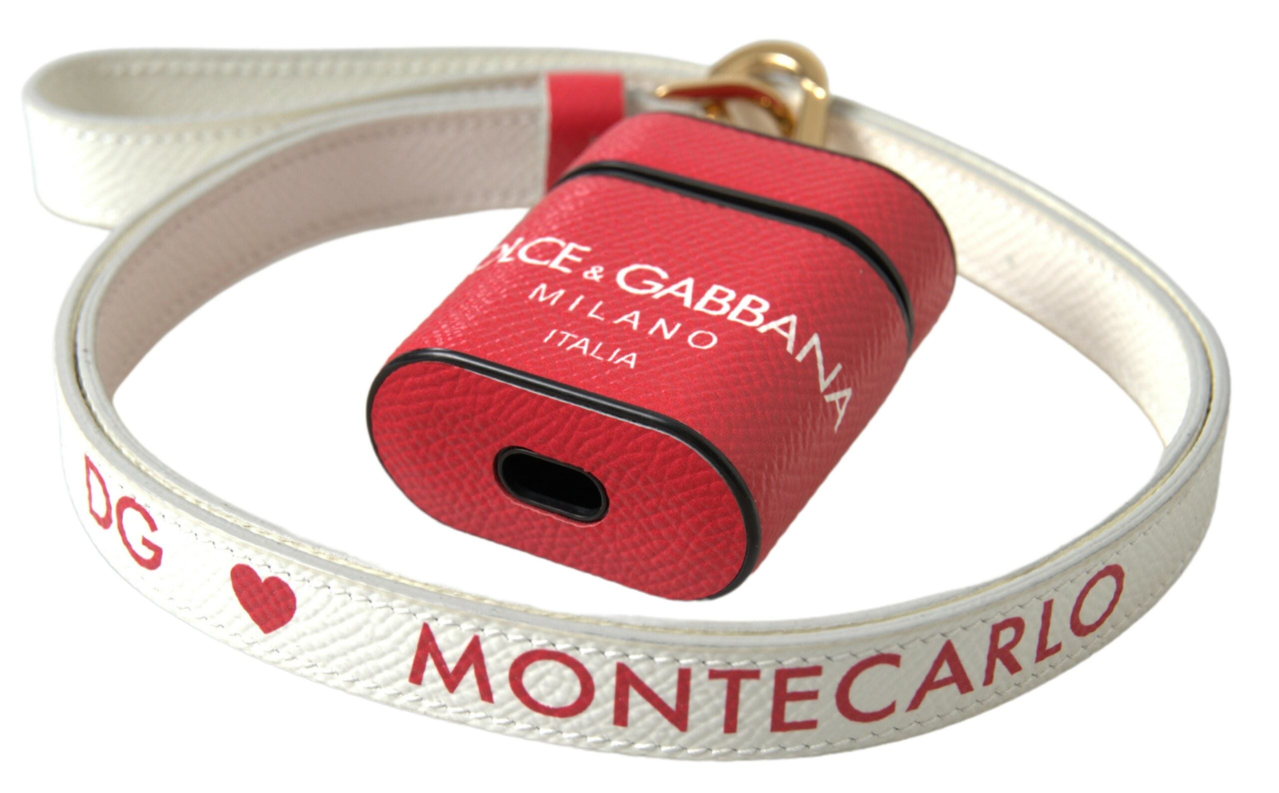 Red leather AirPods case with gold-tone metal logo print strap by Dolce & Gabbana, featuring a stylish and protective design.