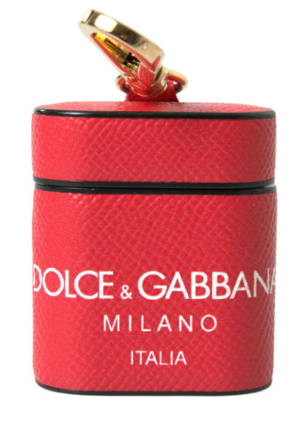 Red leather AirPods case with gold-tone metal logo print strap from Dolce & Gabbana, featuring a stylish and protective design.