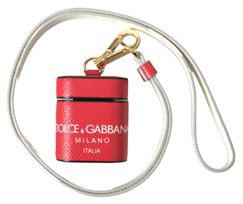 Red leather AirPods case with gold-tone metal logo print strap by Dolce & Gabbana, featuring a sleek, stylish design.