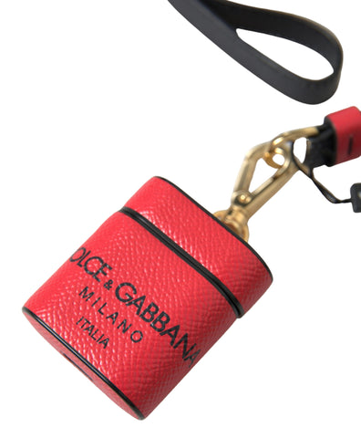 Red and black calf leather AirPods case with Dolce & Gabbana logo print and strap for secure carrying.