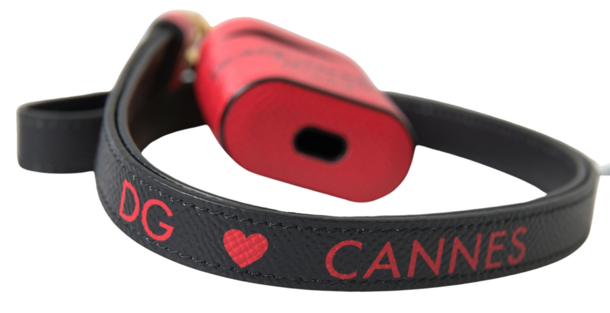 Red and black calf leather AirPods case with Dolce & Gabbana logo print and strap, stylish protective accessory.