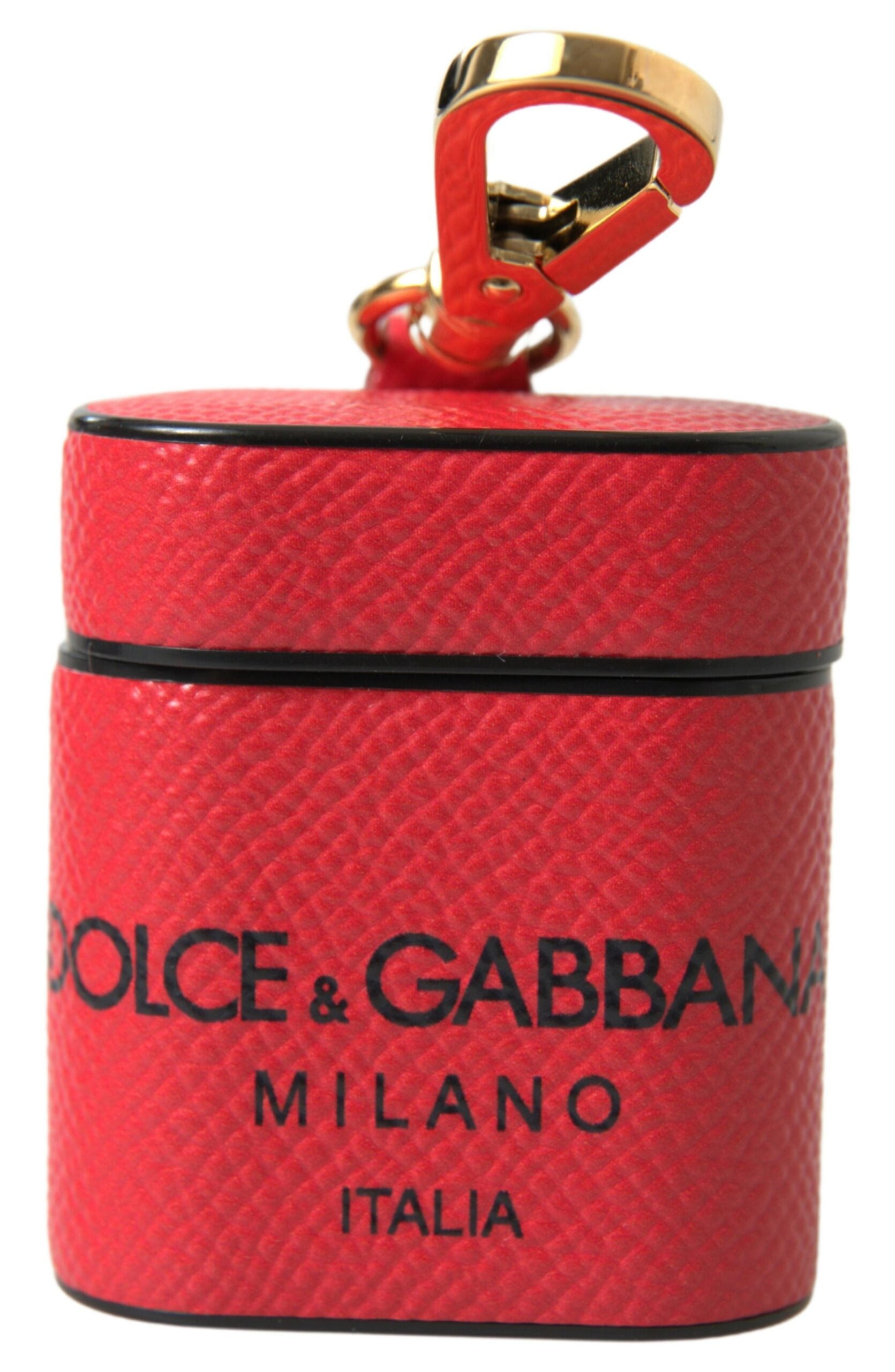 Red and black calf leather AirPods case with Dolce & Gabbana logo print strap, stylish protective accessory.