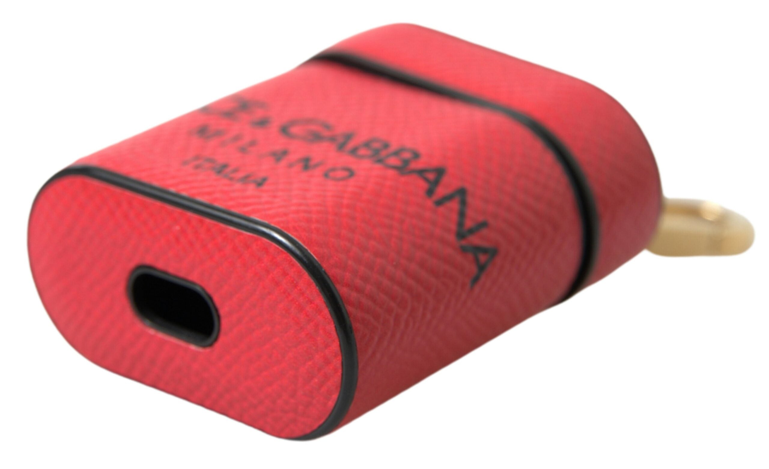 Red and black calf leather AirPods case with Dolce & Gabbana logo print and strap for secure carry.