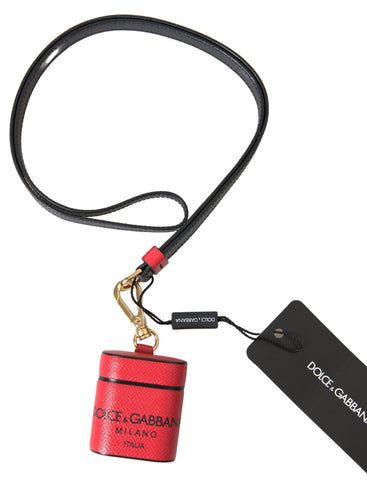 Red and black calf leather AirPods case with Dolce & Gabbana logo print and strap, designed for stylish protection.