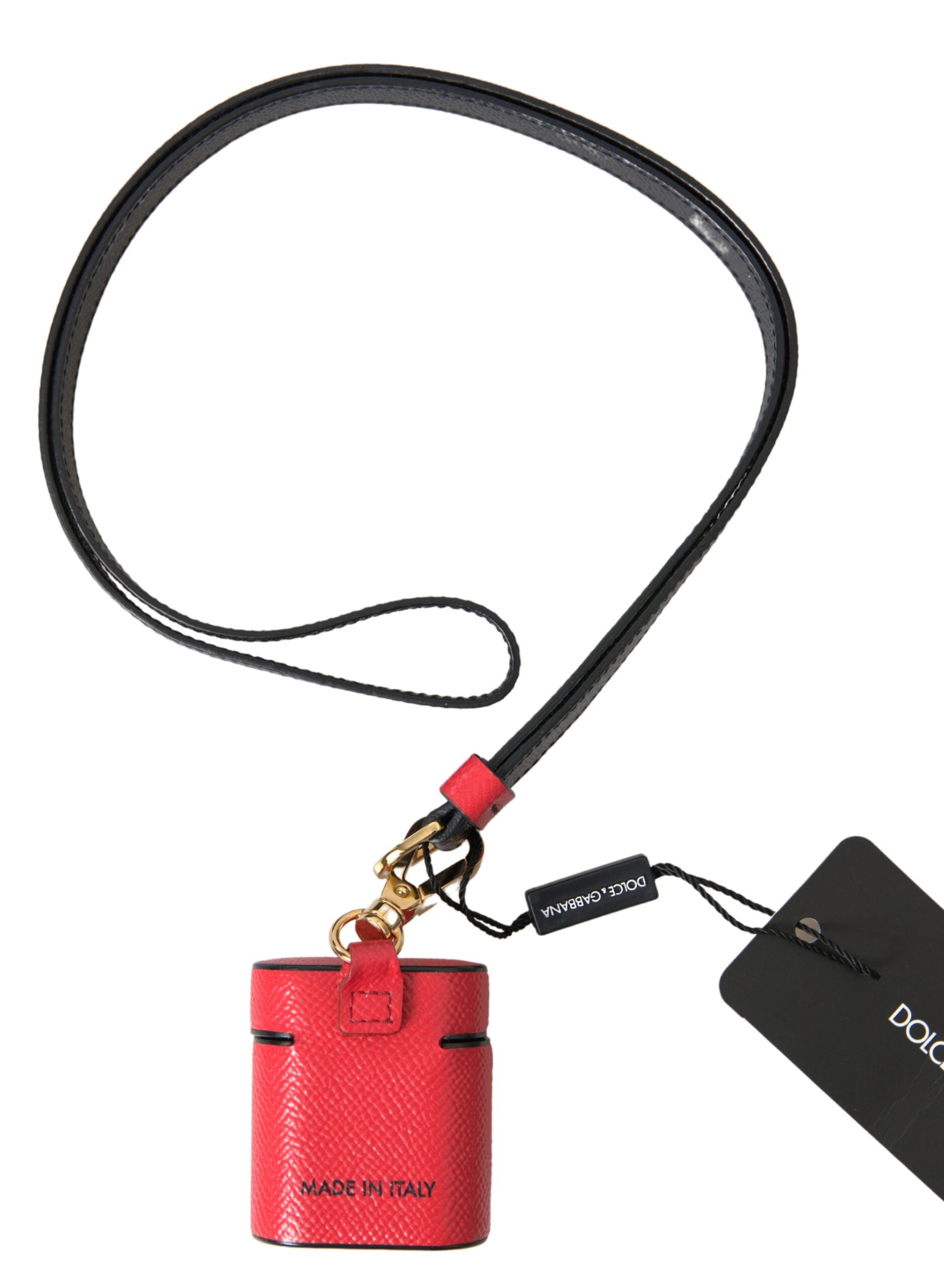 Red and black calf leather AirPods case with Dolce & Gabbana logo print and strap for easy carrying.