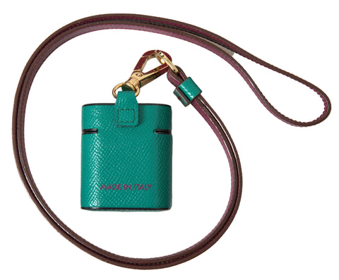 Green and maroon calf leather AirPods case with Dolce & Gabbana logo print and strap, stylish protective accessory.
