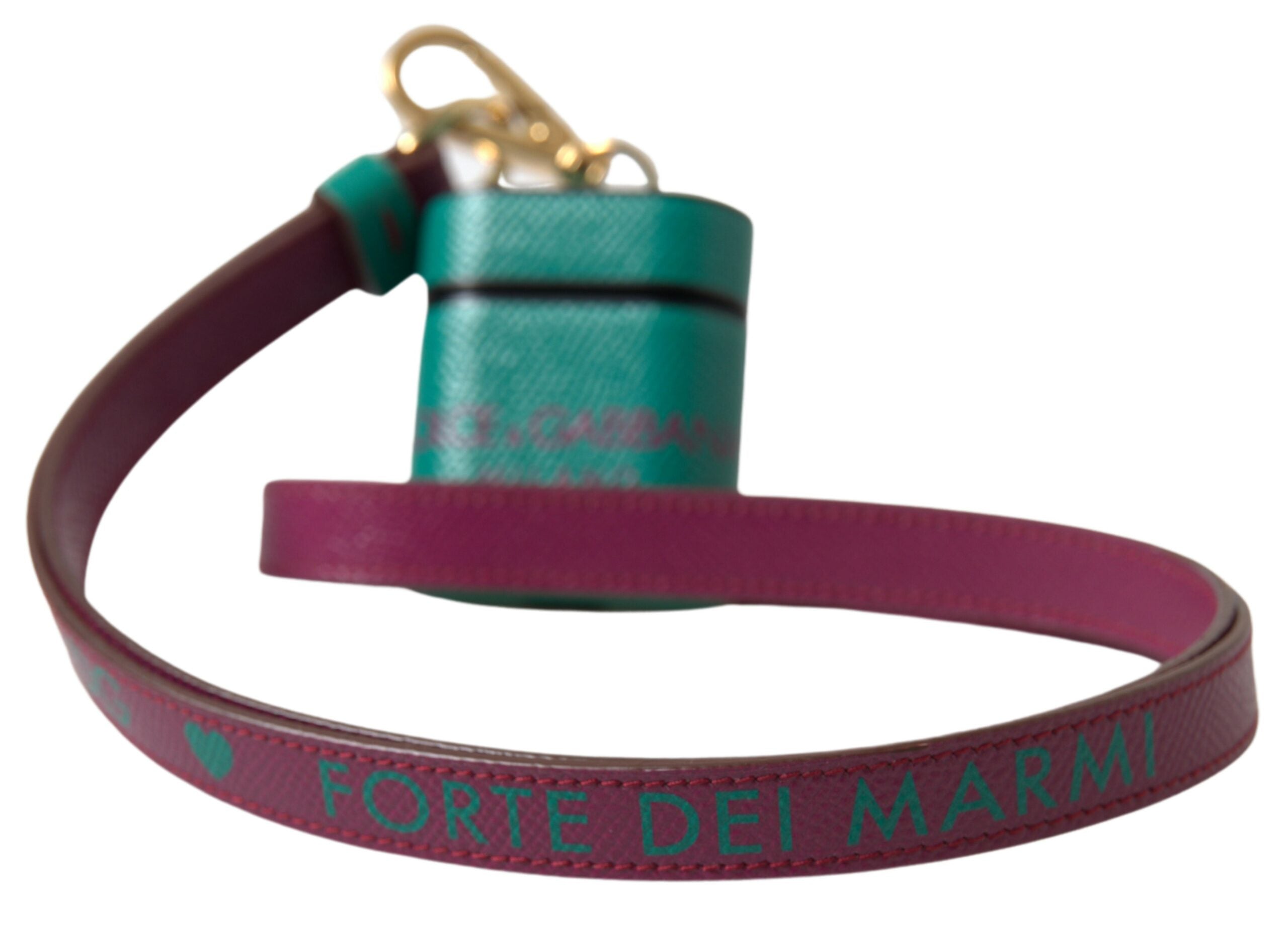 Green and maroon calf leather AirPods case with Dolce & Gabbana logo print and strap, designed for stylish protection.