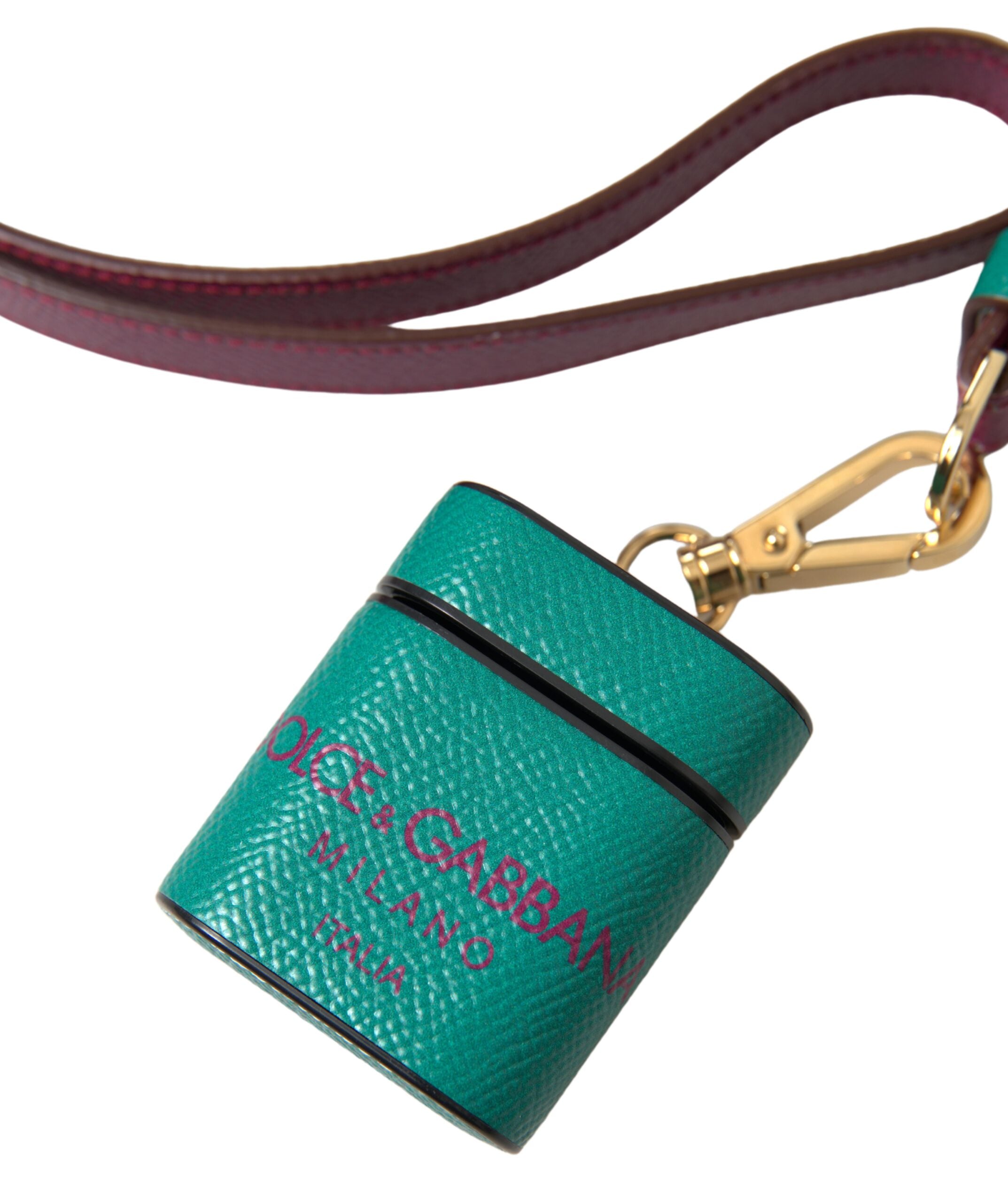 Green and maroon calf leather AirPods case with Dolce & Gabbana logo print and strap, designed for stylish protection.