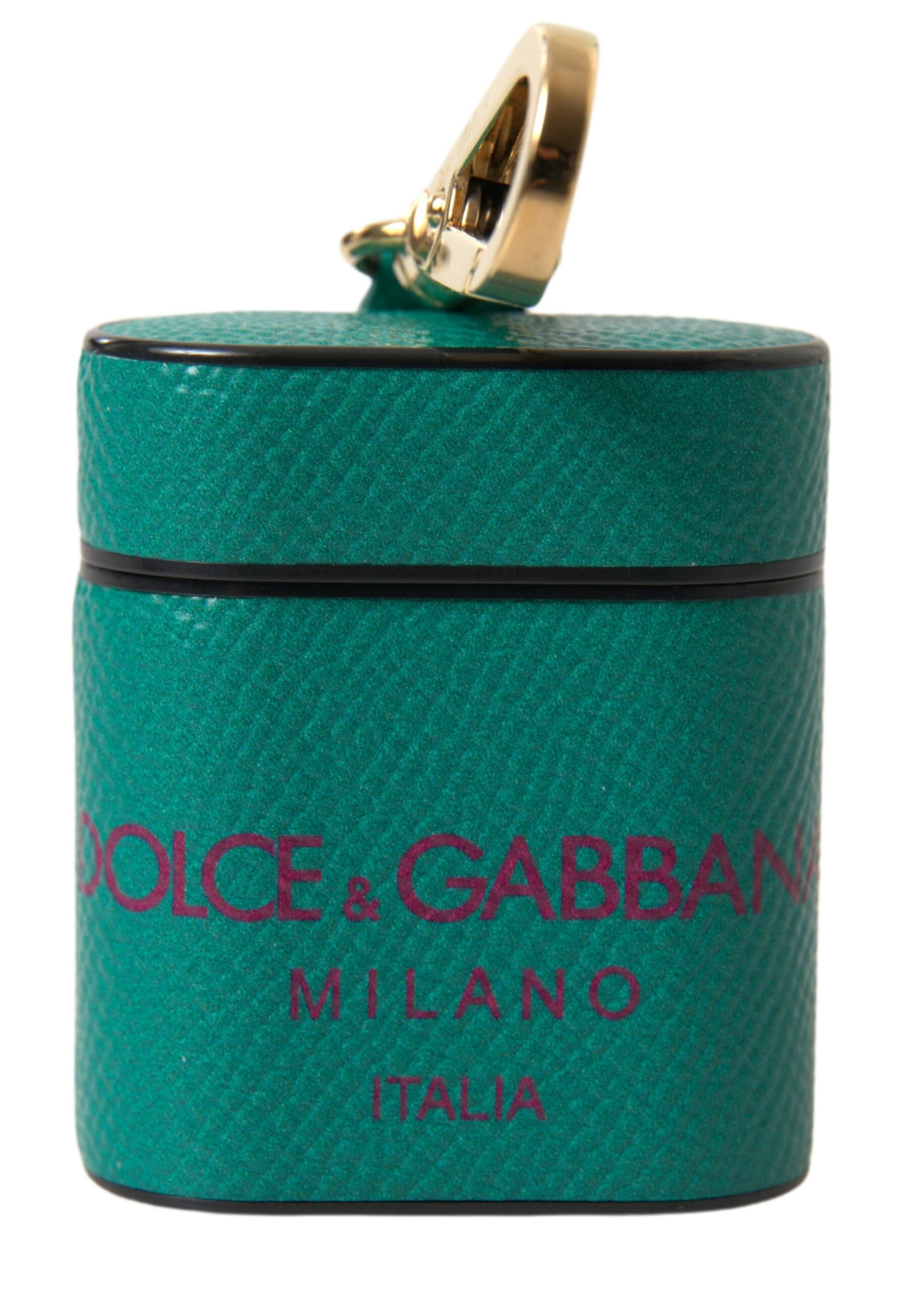 Green and maroon calf leather AirPods case with Dolce & Gabbana logo print and strap design.