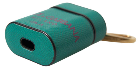 Green and maroon calf leather AirPods case with Dolce & Gabbana logo print and strap design.