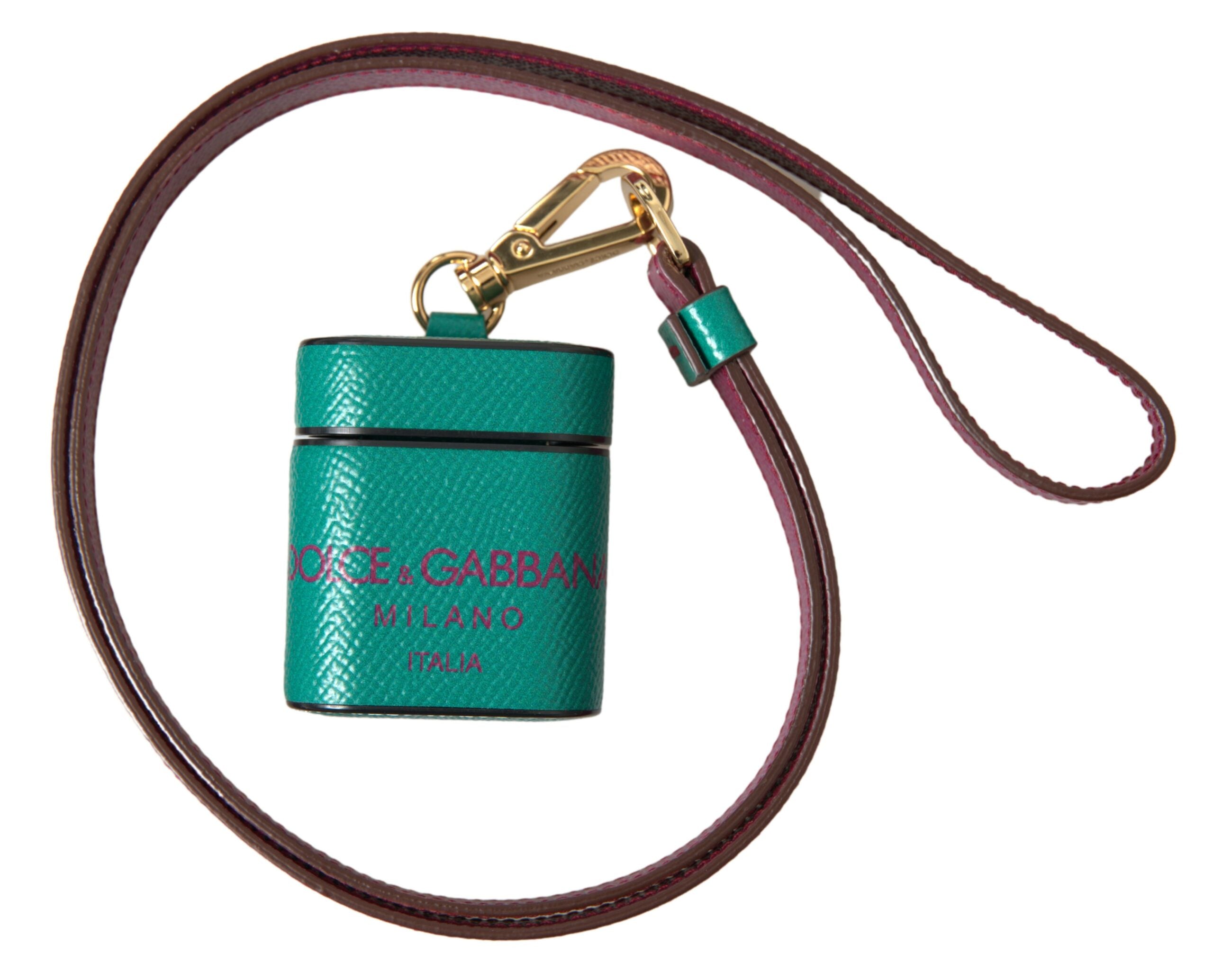 Green and maroon calf leather AirPods case with Dolce & Gabbana logo print and strap, stylish protective accessory.