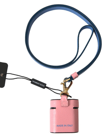 Pink and blue calf leather AirPods case with Dolce & Gabbana logo print and strap design.