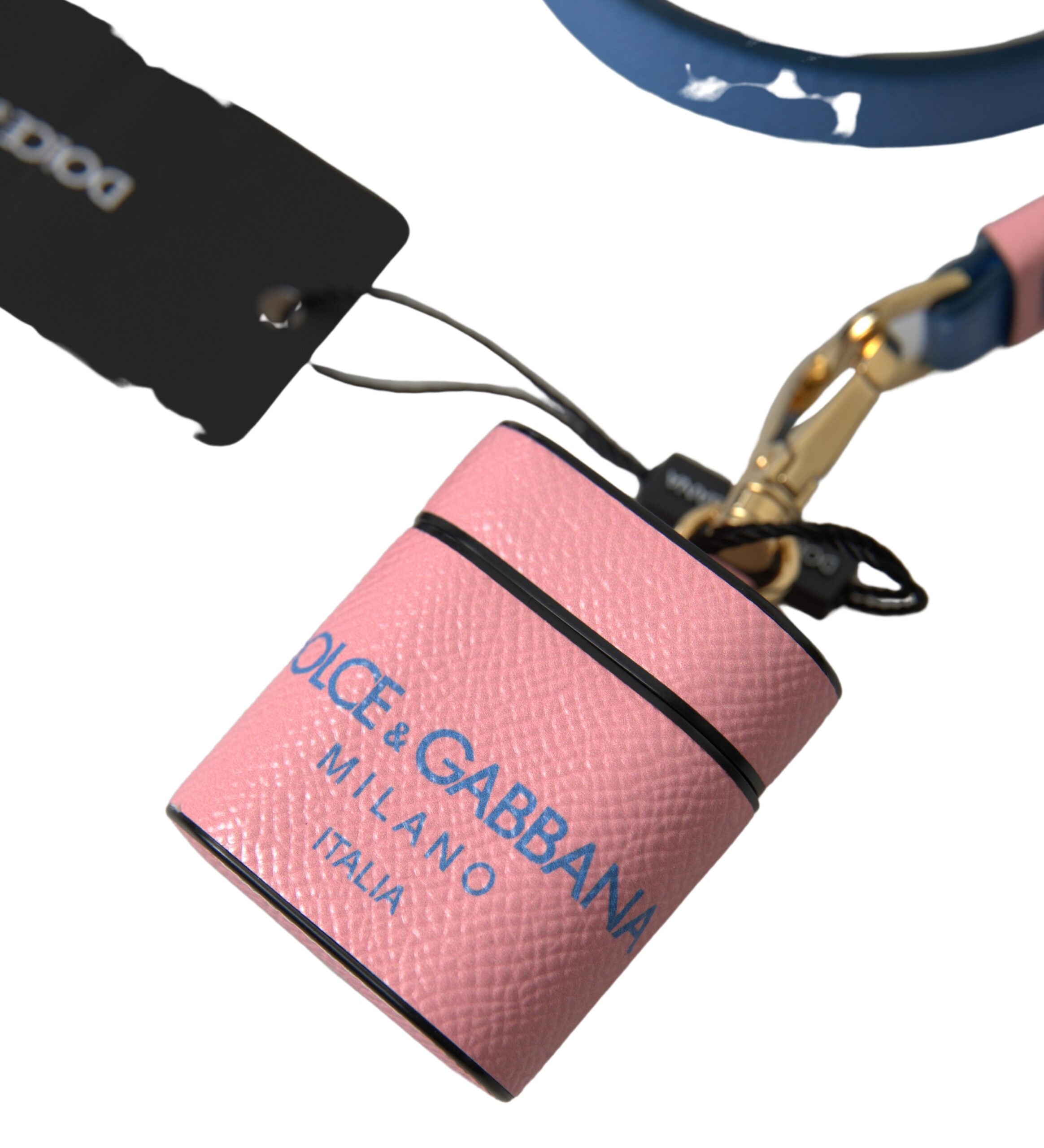 Pink and blue calf leather AirPods case with Dolce & Gabbana logo print and strap design.