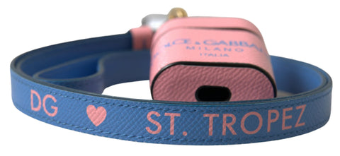 Pink and blue calf leather AirPods case with Dolce & Gabbana logo print and strap for secure carrying.