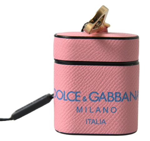 Pink and blue calf leather AirPods case with Dolce & Gabbana logo print and strap, designed for stylish protection.