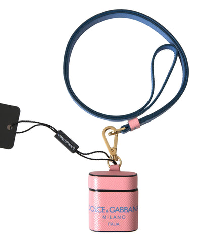 Pink and blue calf leather AirPods case with Dolce & Gabbana logo print and strap, stylish protective accessory.