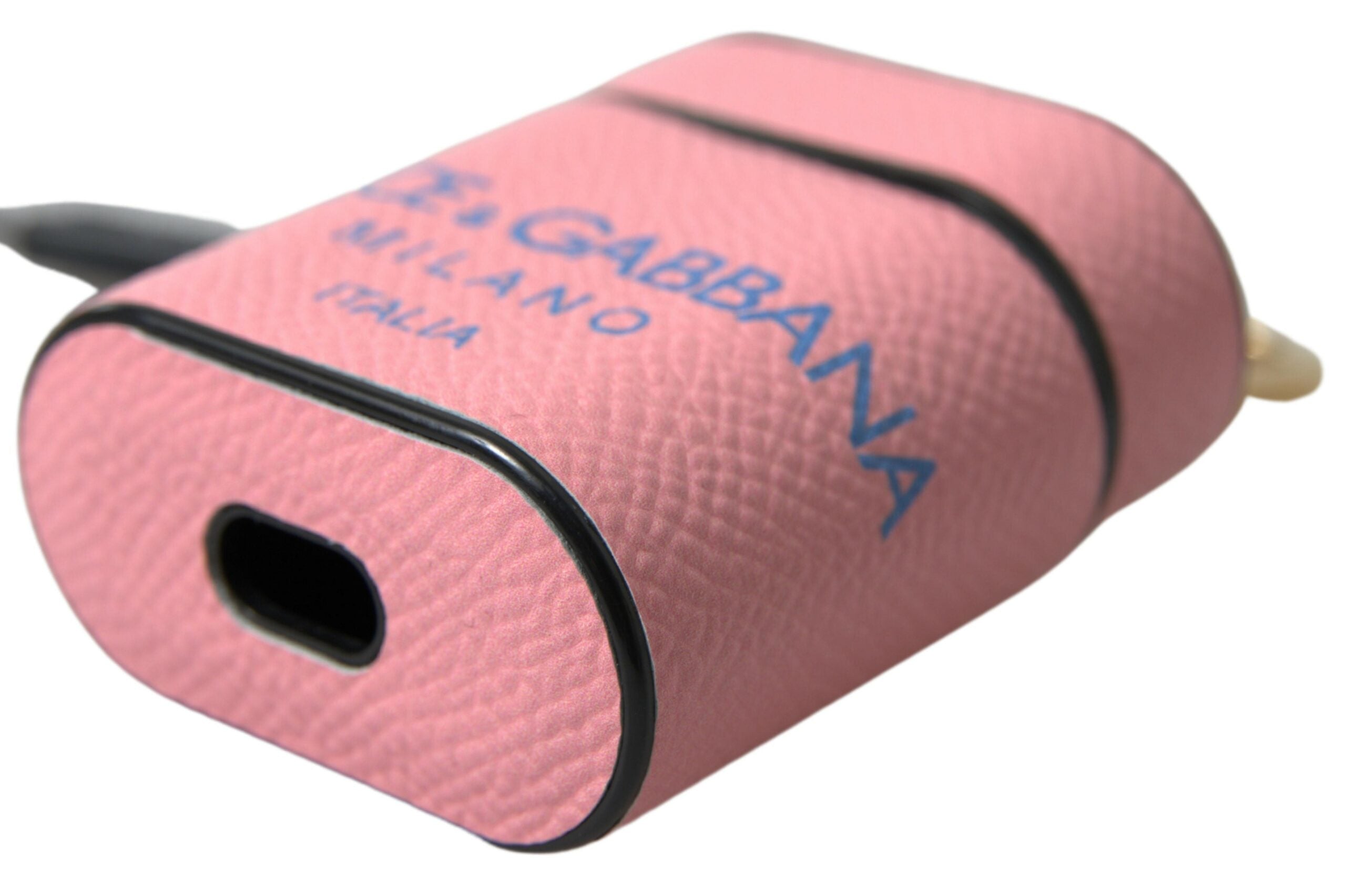 Pink and blue calf leather AirPods case with Dolce & Gabbana logo print strap, stylish protective accessory for wireless earbuds.