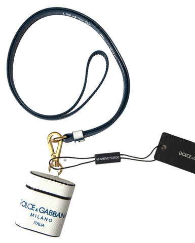 White and blue calf leather AirPods case with Dolce & Gabbana logo print and strap, stylish protective accessory.