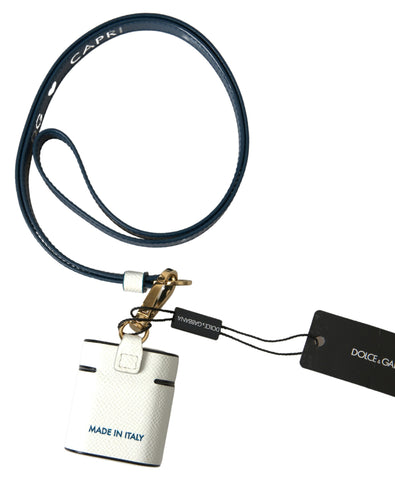 White and blue calf leather AirPods case with Dolce & Gabbana logo print strap, stylish protective accessory for wireless earbuds.