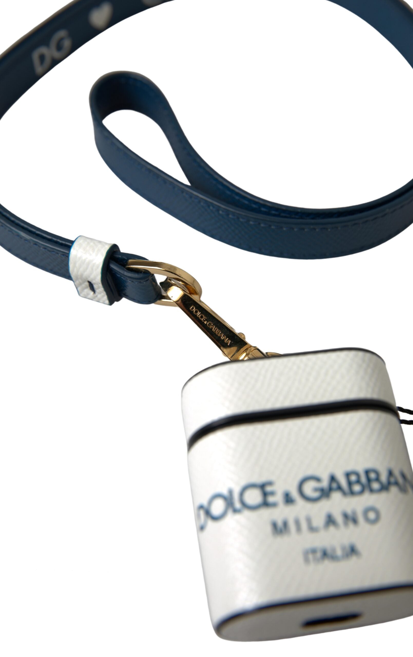 White and blue calf leather AirPods case with Dolce & Gabbana logo print and strap for easy carrying.