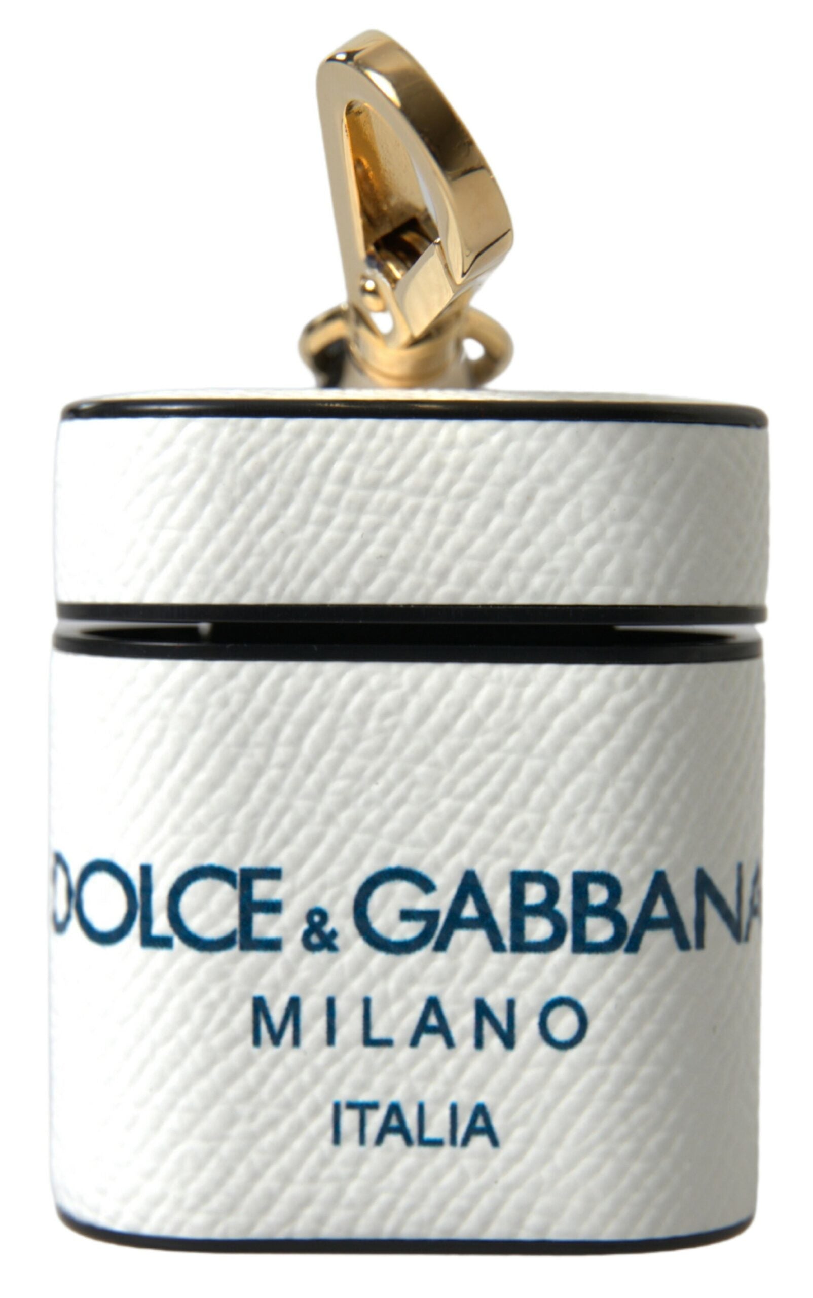 White and blue calf leather AirPods case with Dolce & Gabbana logo print strap for stylish protection.
