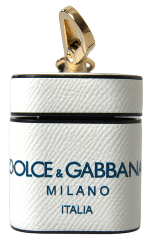 White and blue calf leather AirPods case with Dolce & Gabbana logo print strap for stylish protection.