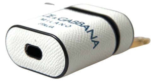 White and blue calf leather AirPods case with Dolce & Gabbana logo print strap, stylish protective accessory for wireless earbuds.