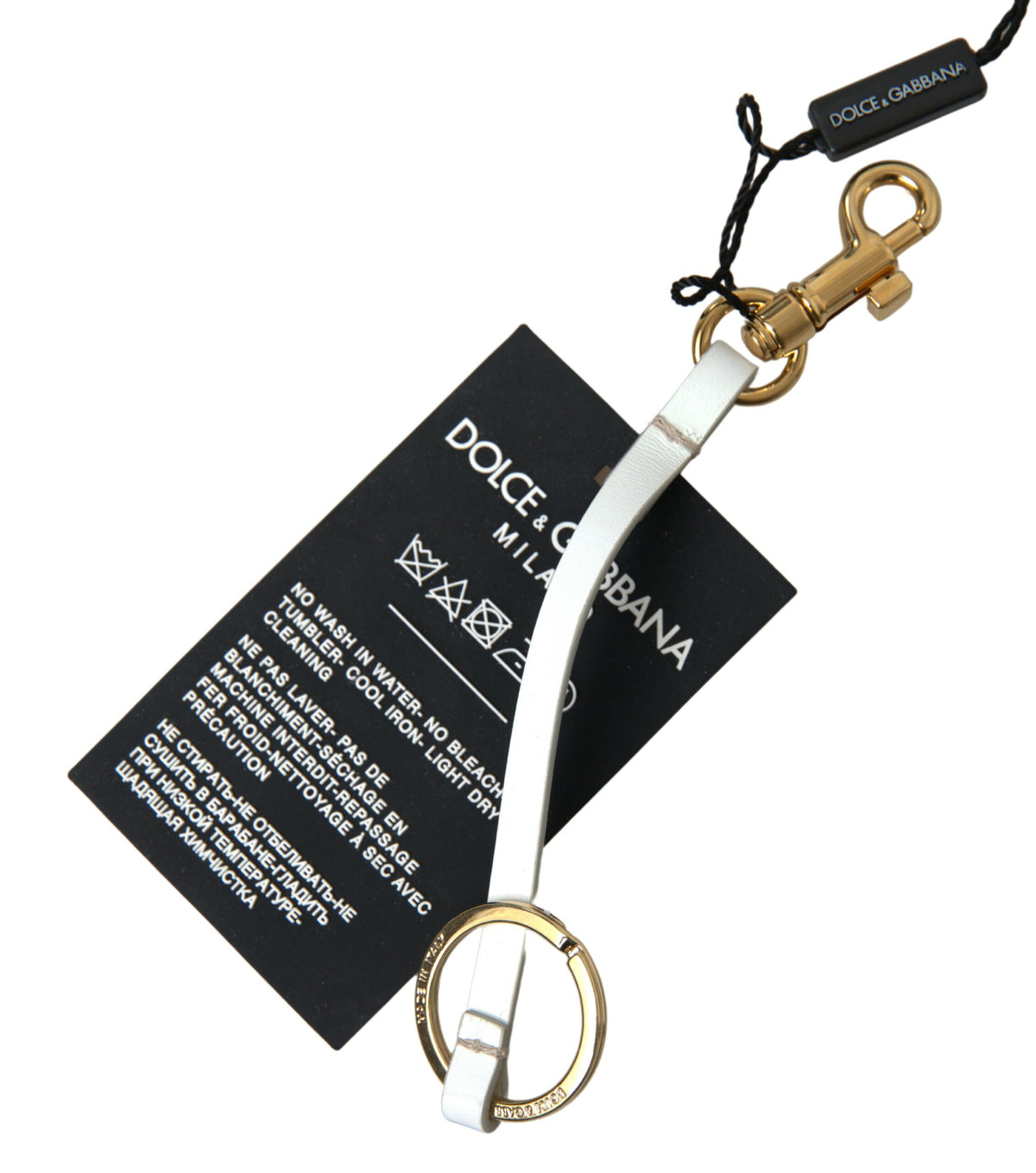Black silicone keychain with gold brass DG logo from Dolce & Gabbana, featuring a sleek and modern accessory design.