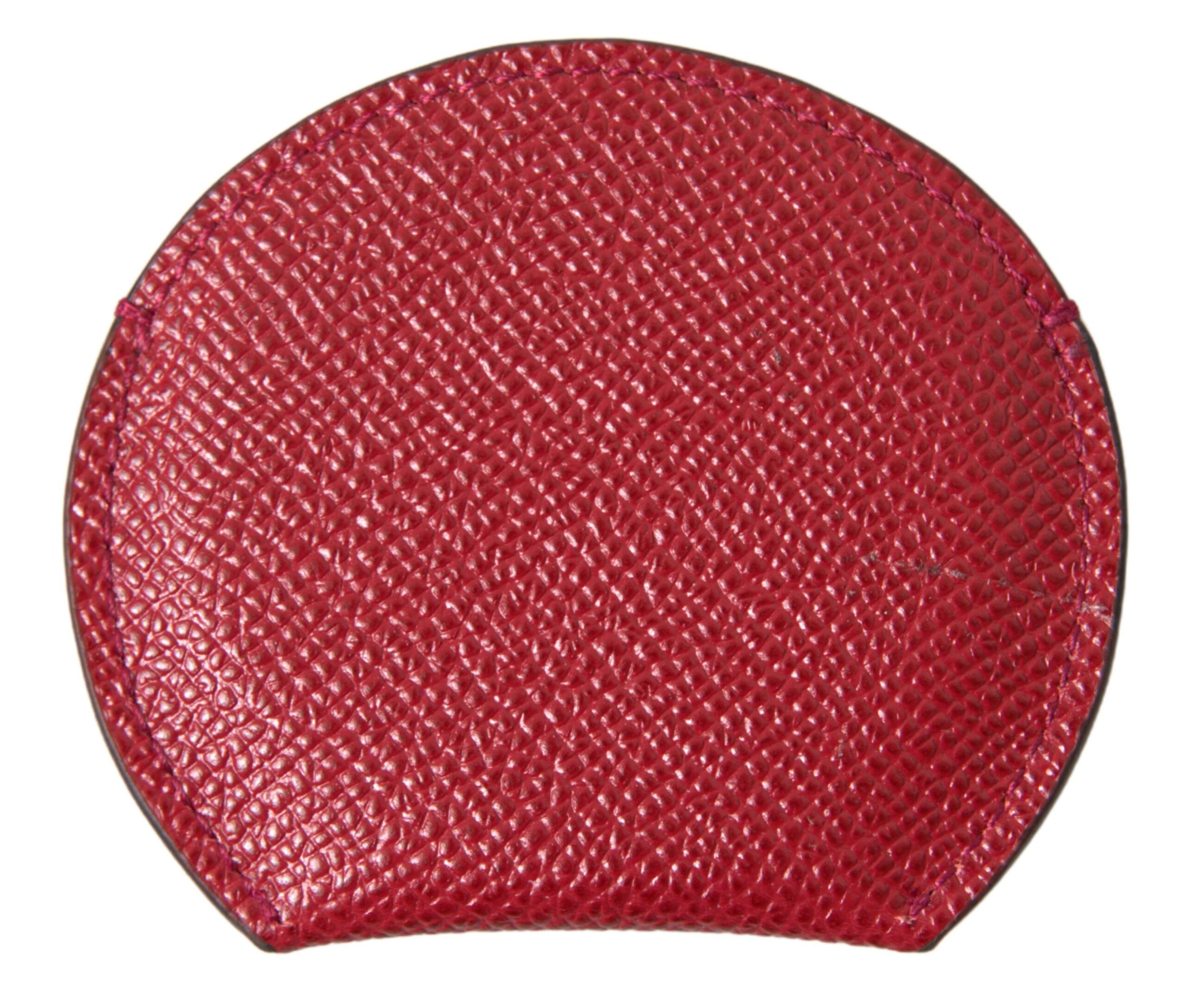 Red calfskin leather round hand mirror holder with Dolce & Gabbana branding, featuring a sleek, compact design and smooth finish.