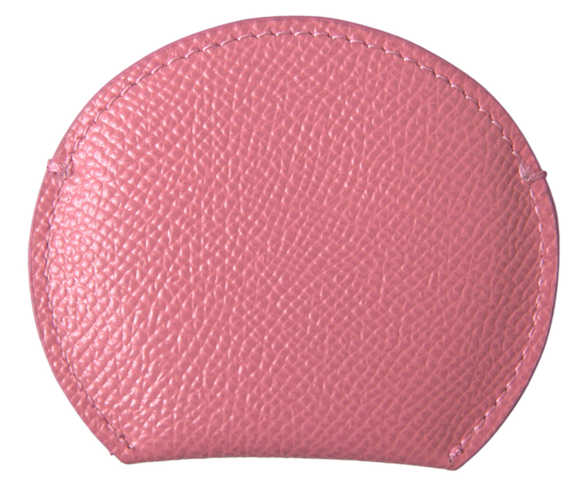 Pink calfskin leather round hand mirror holder with Dolce & Gabbana logo print, designed for elegant storage and portability.