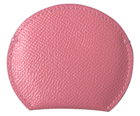 Pink calfskin leather round hand mirror holder with Dolce & Gabbana logo print, designed for elegant storage and portability.
