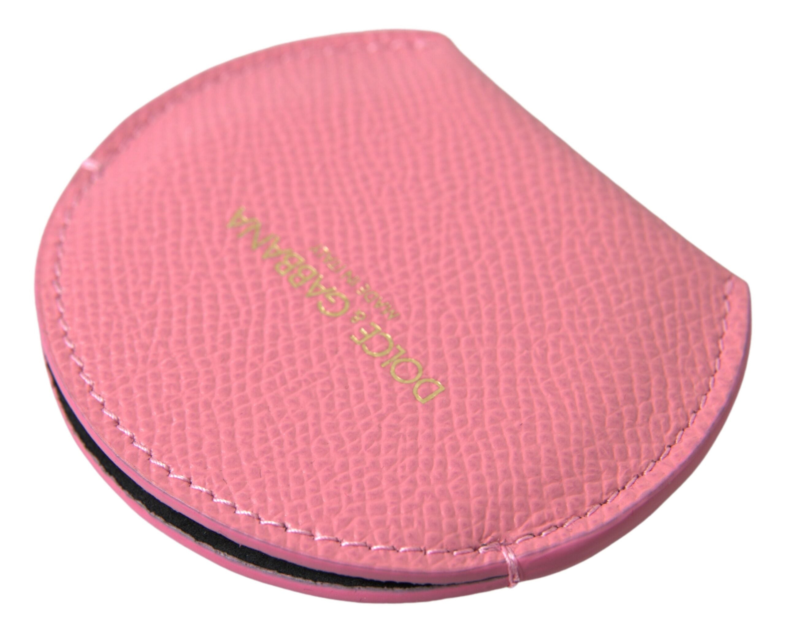 Pink calfskin leather hand mirror holder with Dolce & Gabbana logo print and round shape for elegant storage.