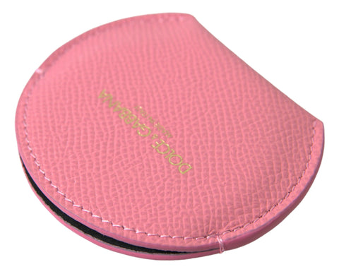 Pink calfskin leather hand mirror holder with Dolce & Gabbana logo print and round shape for elegant storage.