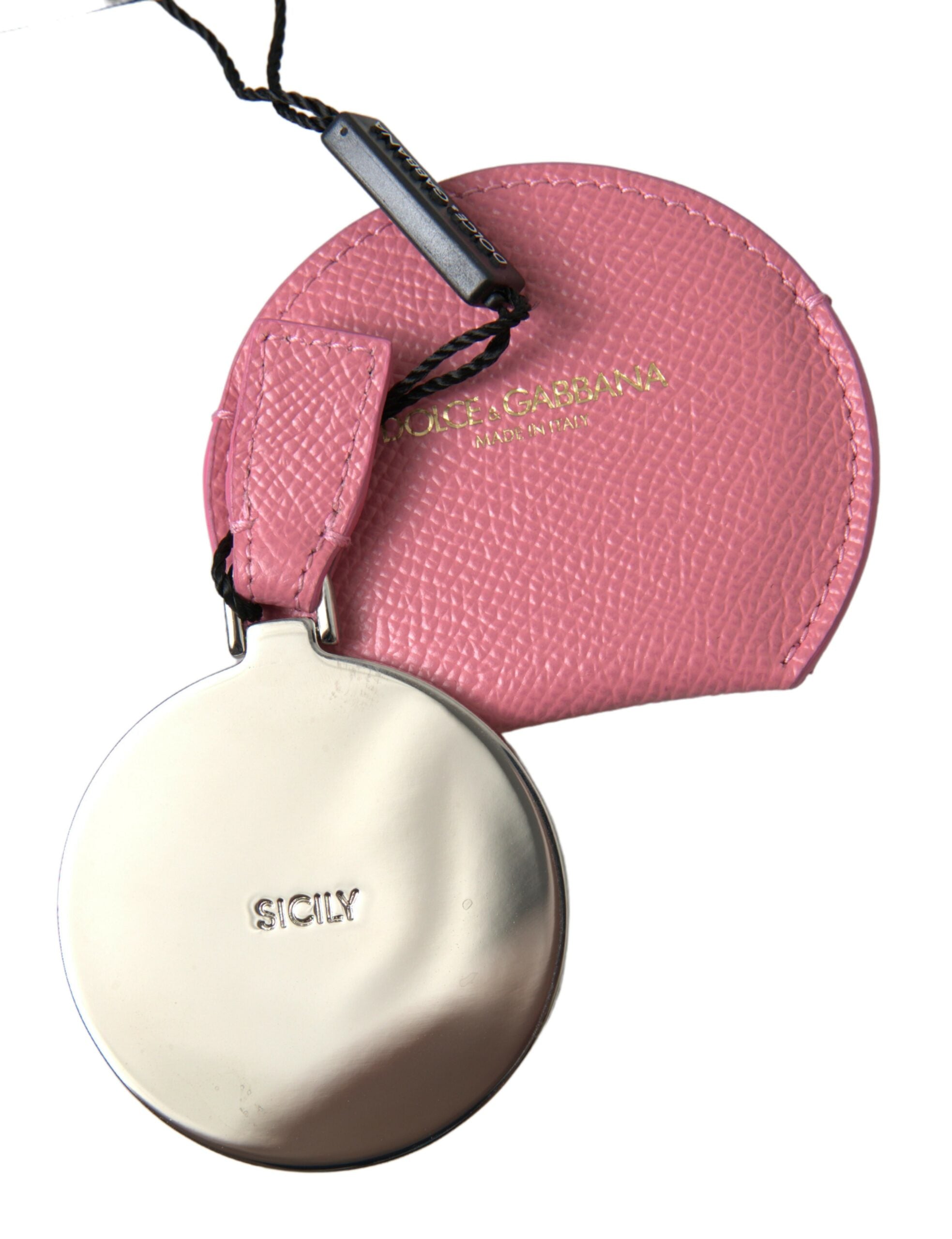 Pink calfskin leather Dolce & Gabbana round logo print hand mirror holder with sleek design and signature branding.