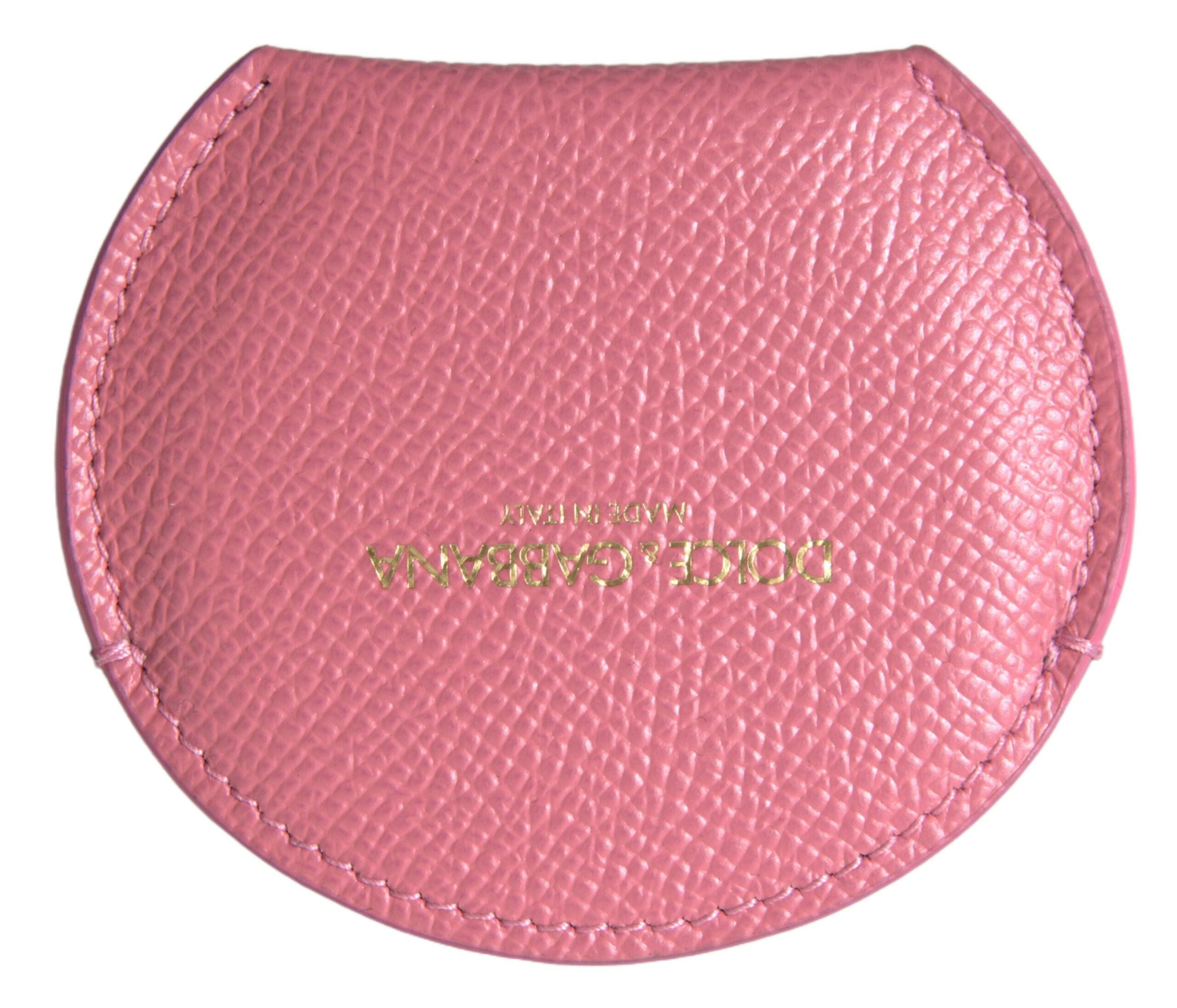 Pink calfskin leather round logo print hand mirror holder by Dolce & Gabbana, featuring a compact, stylish design with logo detail.