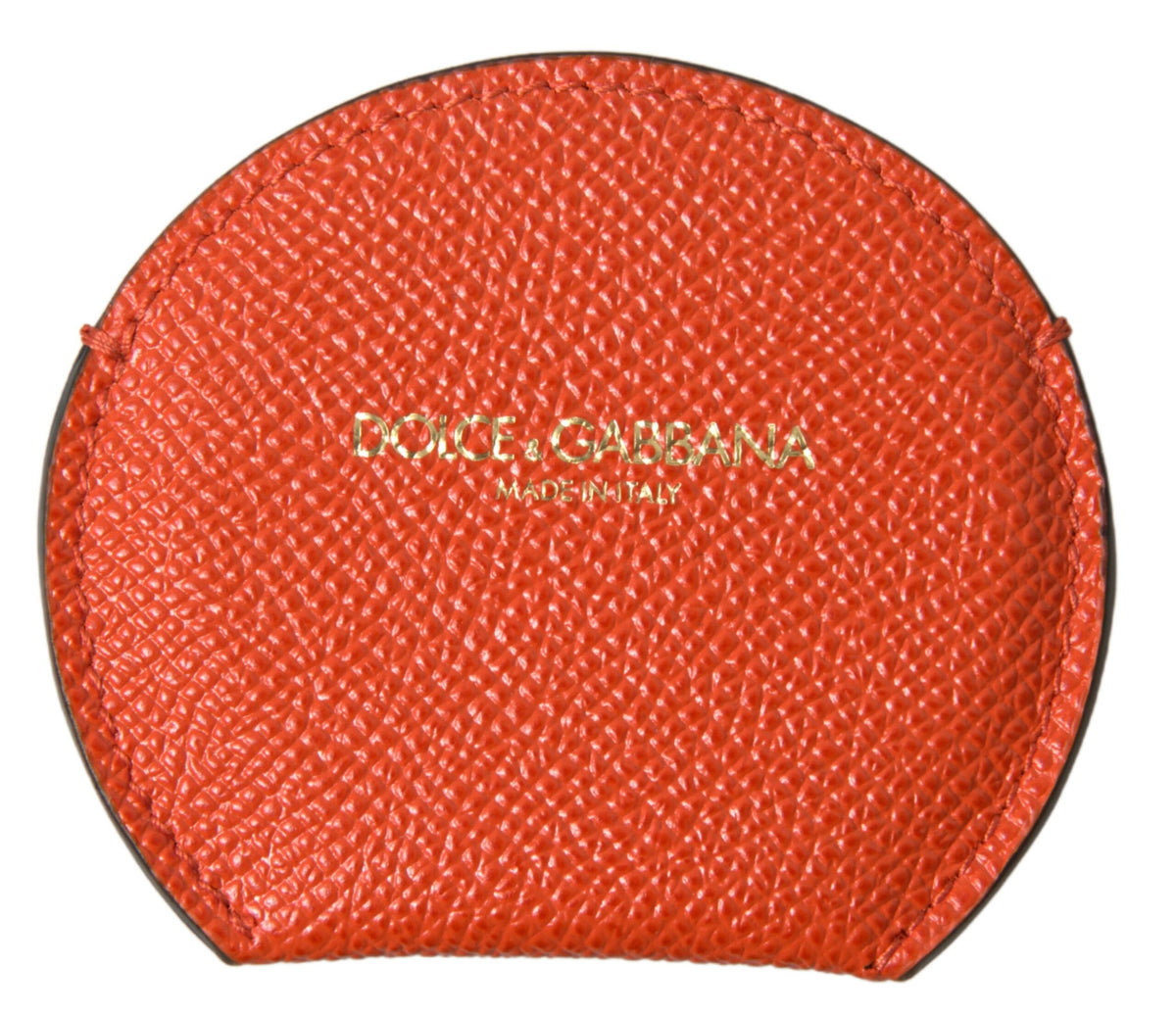 Orange calfskin leather round logo hand mirror holder by Dolce & Gabbana, featuring a sleek design with embossed logo detail.