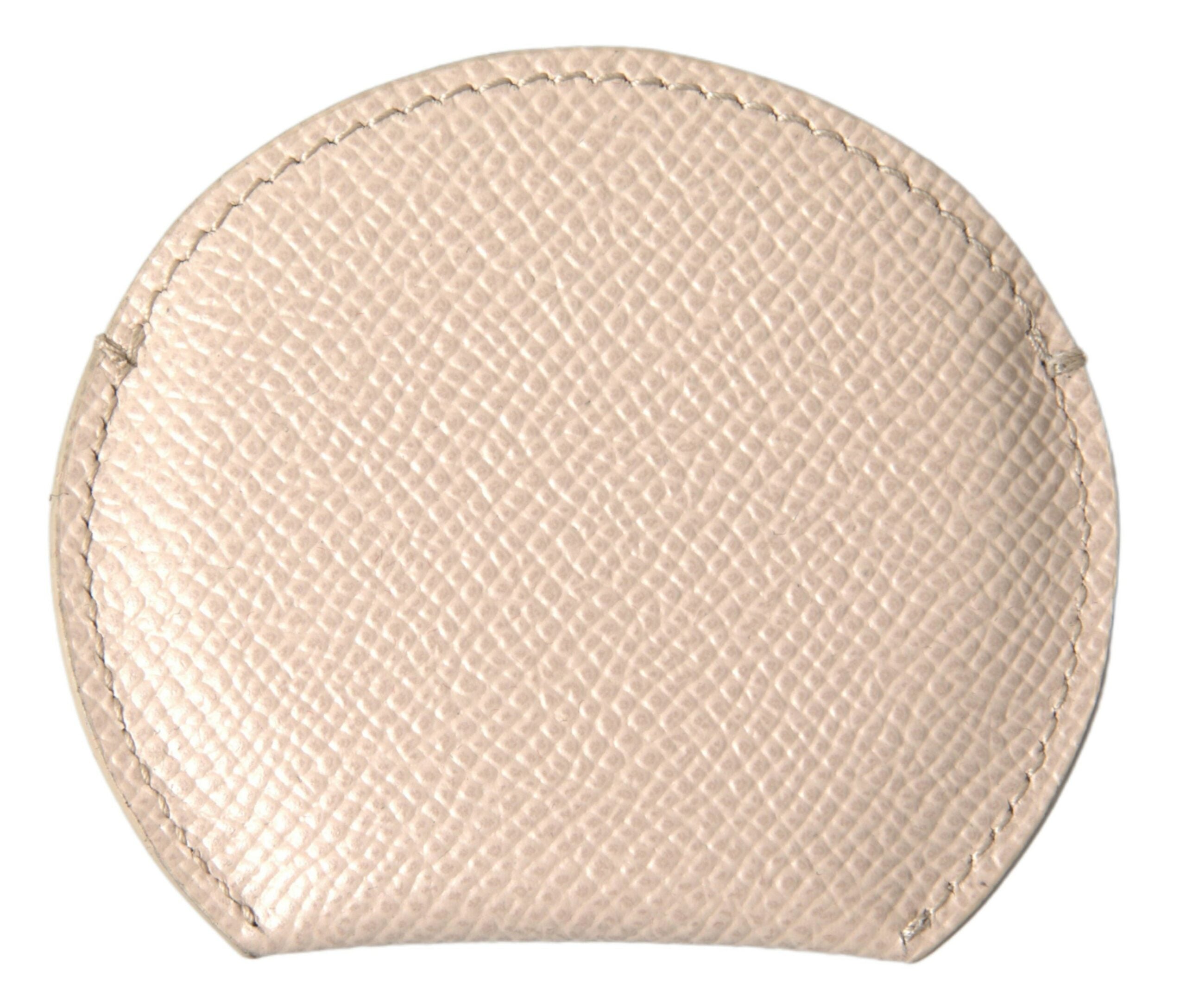 Beige calfskin leather round logo hand mirror holder by Dolce & Gabbana, with smooth leather and subtle branding details.