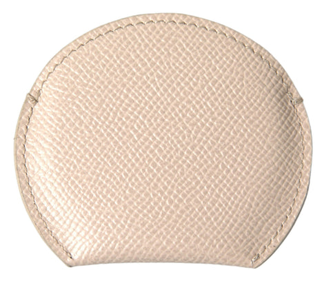 Beige calfskin leather round logo hand mirror holder by Dolce & Gabbana, with smooth leather and subtle branding details.