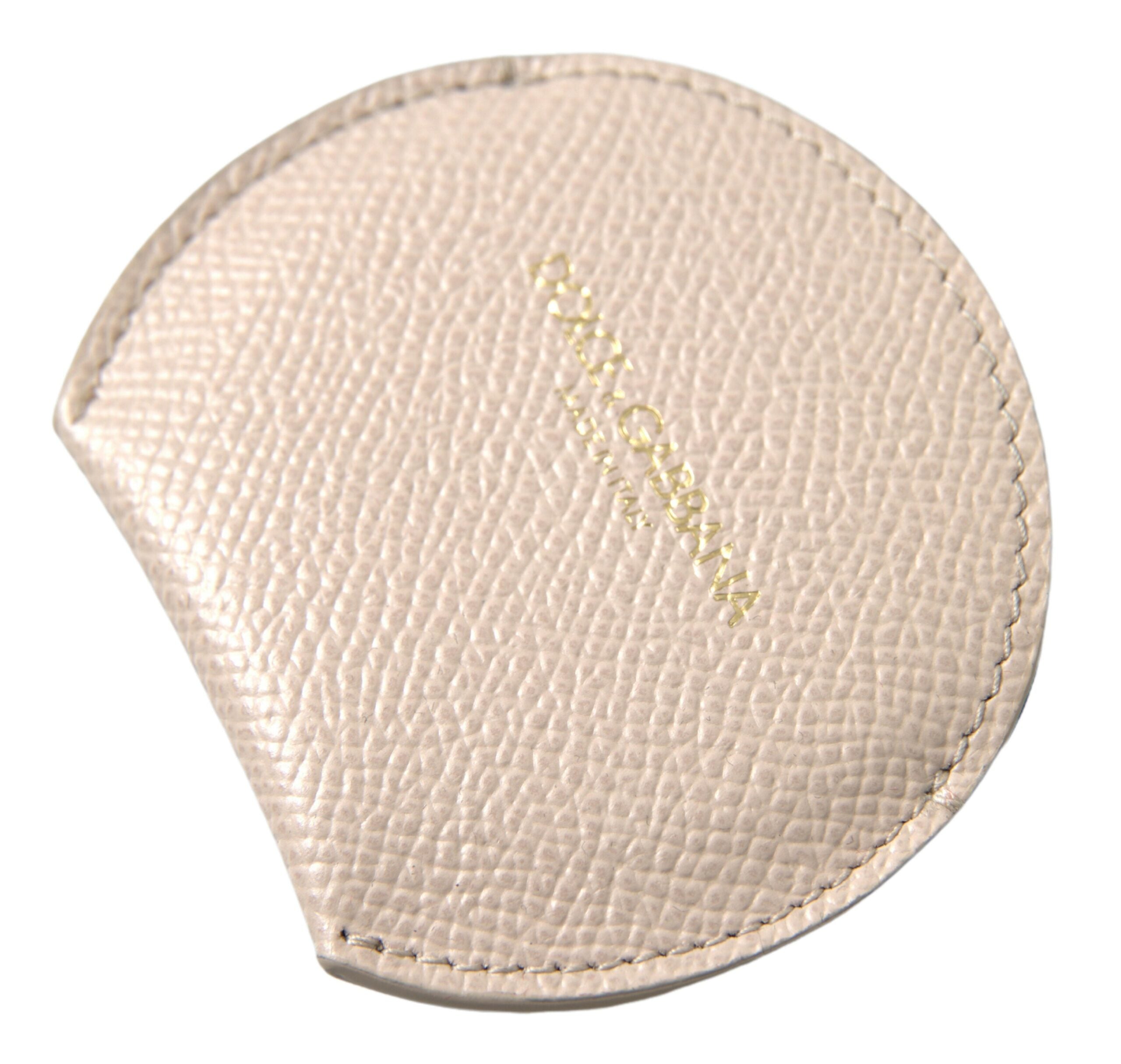 Beige calfskin leather round logo hand mirror holder by Dolce & Gabbana with stitched edges and signature branding.