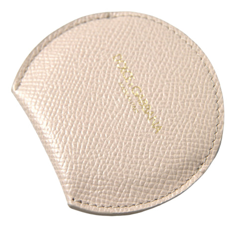 Beige calfskin leather round logo hand mirror holder by Dolce & Gabbana with stitched edges and signature branding.