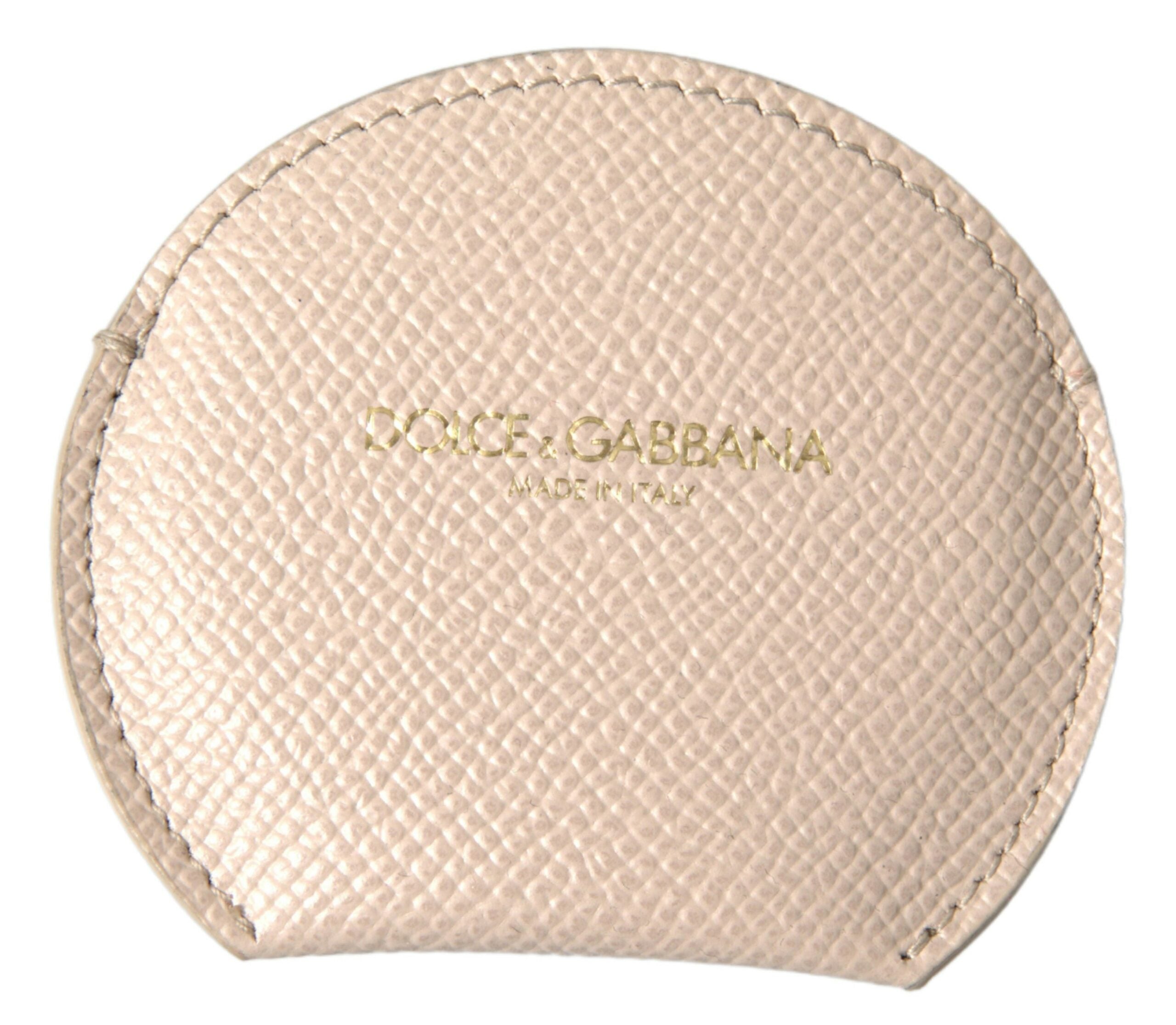 Beige calfskin leather round logo hand mirror holder by Dolce & Gabbana with smooth leather finish and subtle branding details.