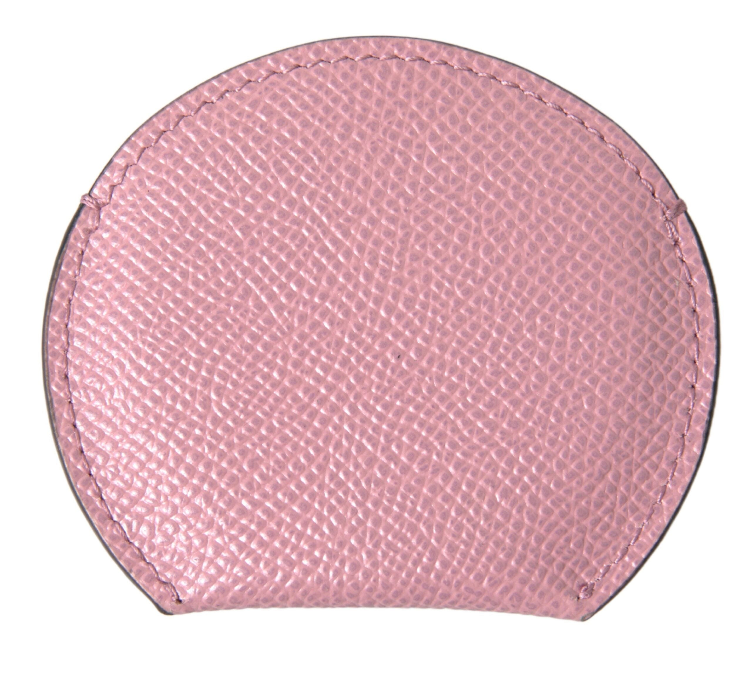 Pink calfskin leather round hand mirror holder with Dolce & Gabbana logo print, featuring a sleek, compact design.