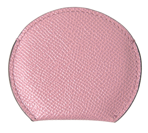 Pink calfskin leather round hand mirror holder with Dolce & Gabbana logo print, featuring a sleek, compact design.