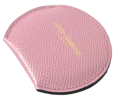 Pink calfskin leather hand mirror holder with Dolce & Gabbana round logo print and sleek design.