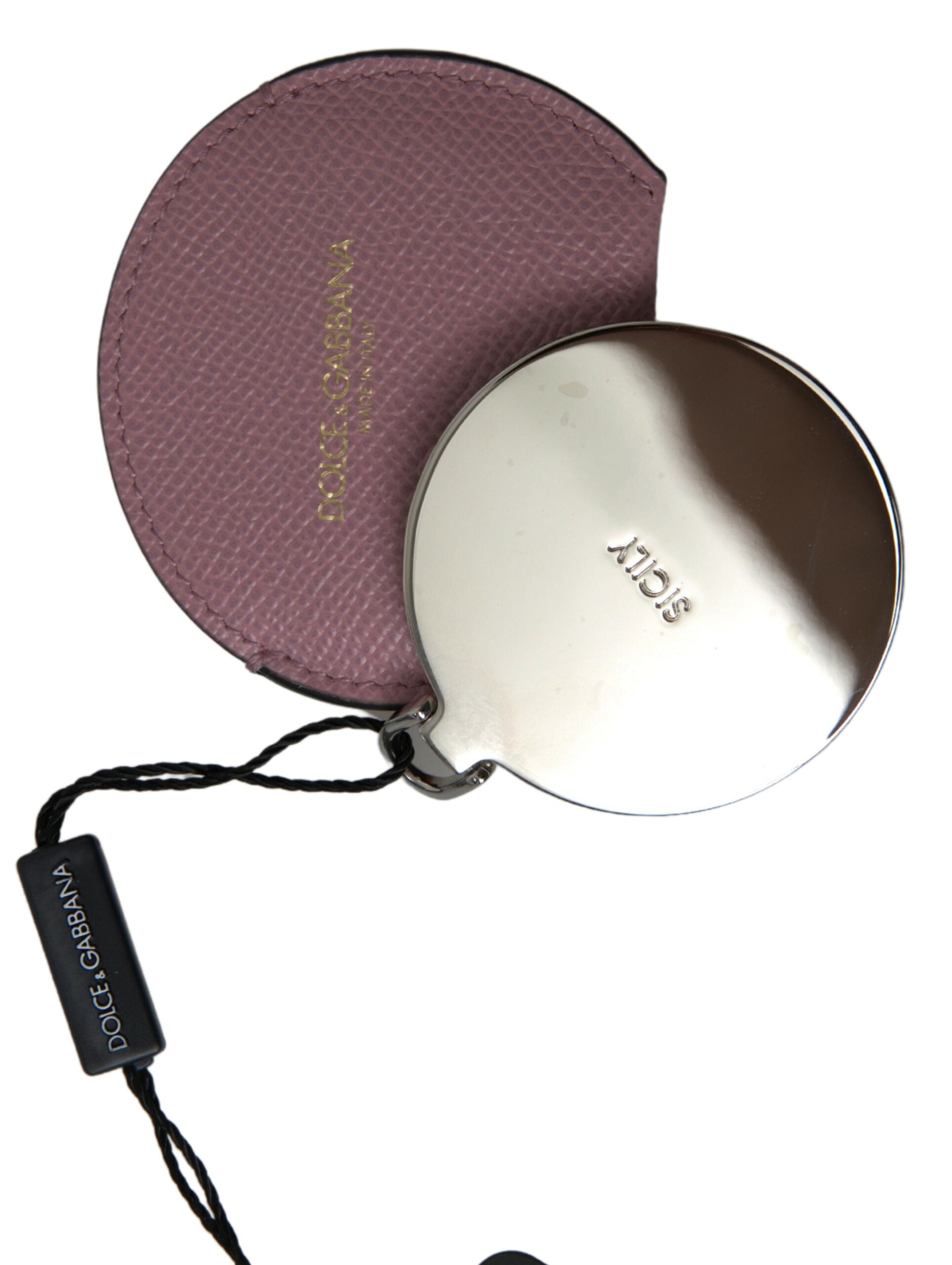 Pink calfskin leather hand mirror holder with round logo print from Dolce & Gabbana, featuring a sleek and stylish design.