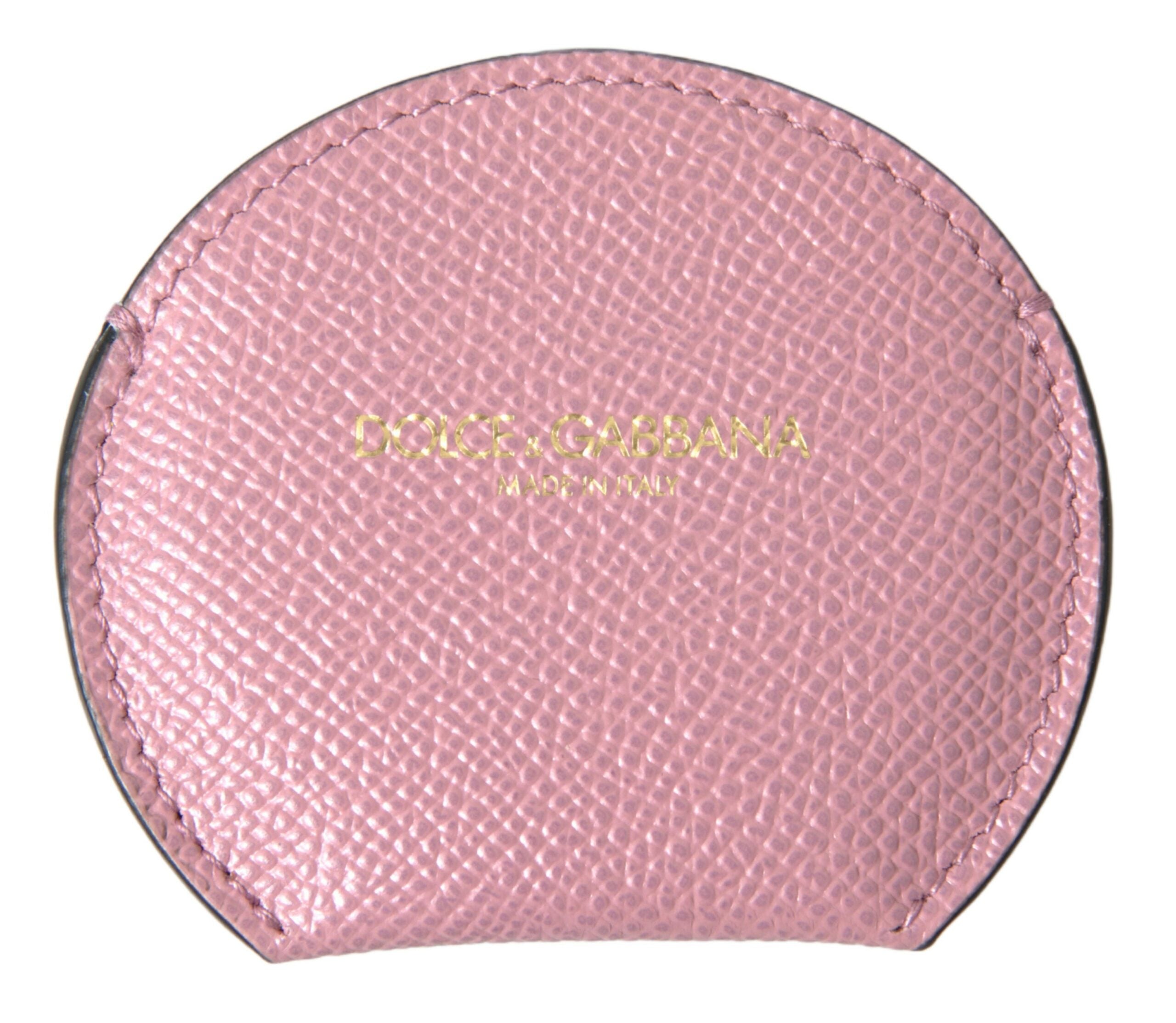 Pink calfskin leather Dolce & Gabbana round logo print hand mirror holder with sleek, compact design and elegant branding.