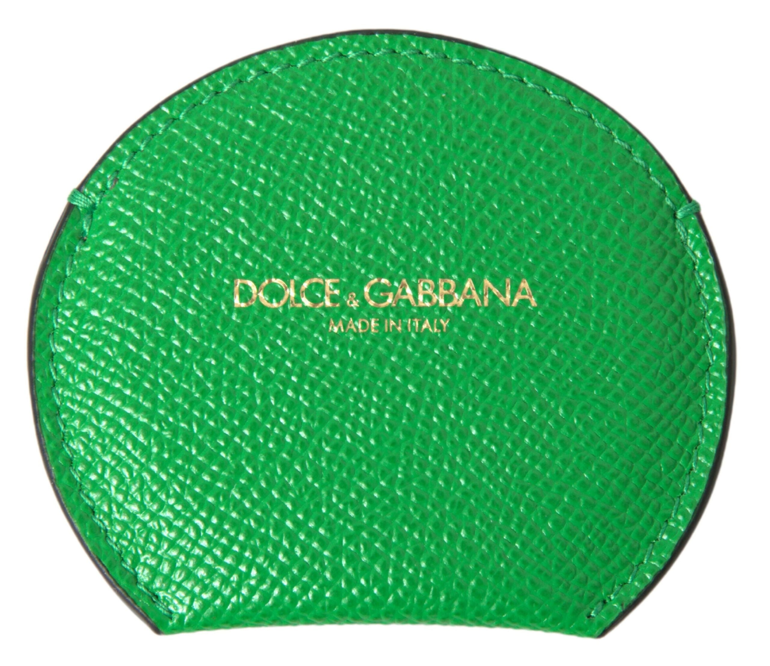 Green calfskin leather round logo hand mirror holder by Dolce & Gabbana, featuring sleek craftsmanship and elegant design.