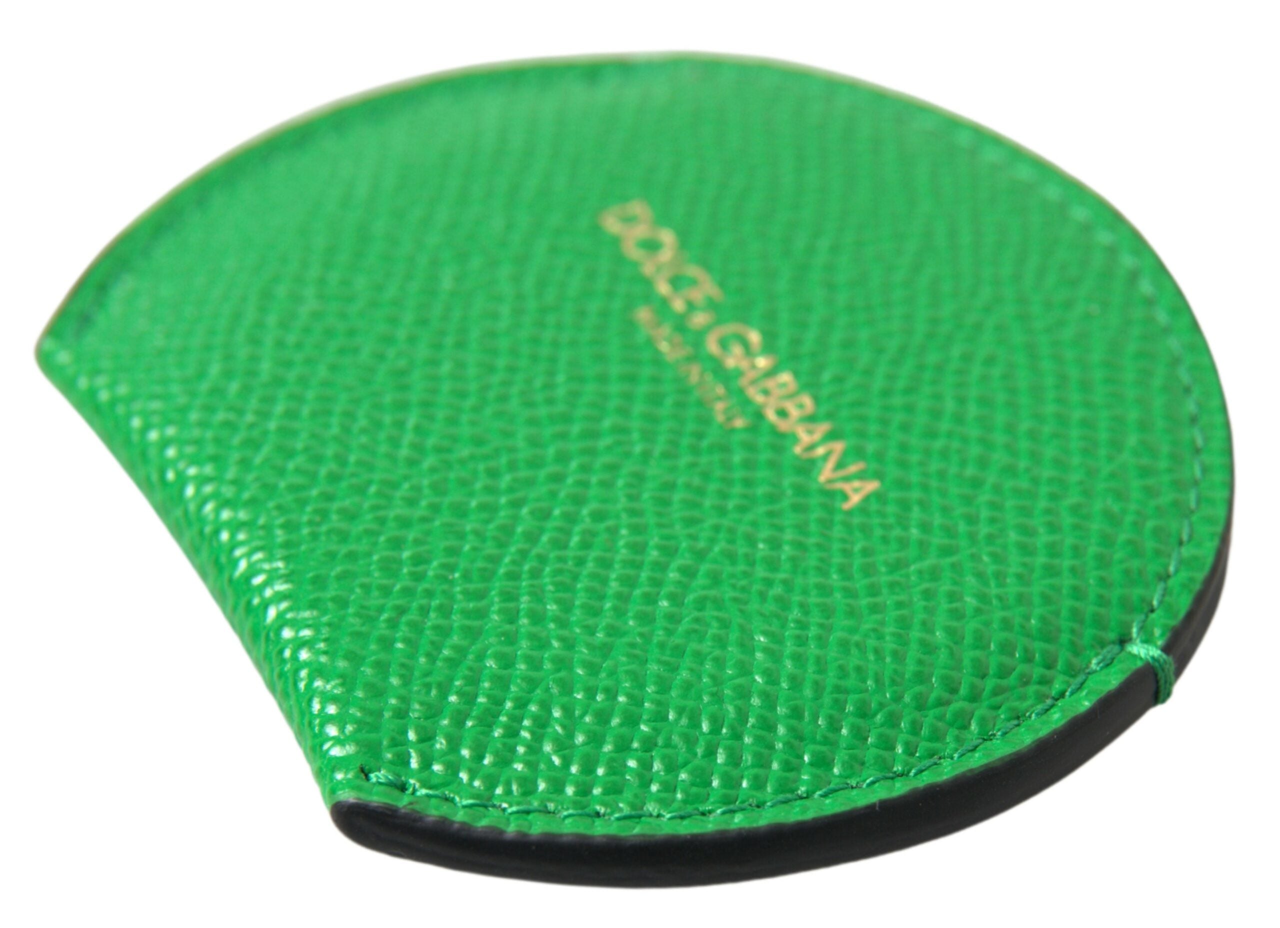 Green calfskin leather Dolce & Gabbana round logo hand mirror holder with sleek design and detailed stitching.
