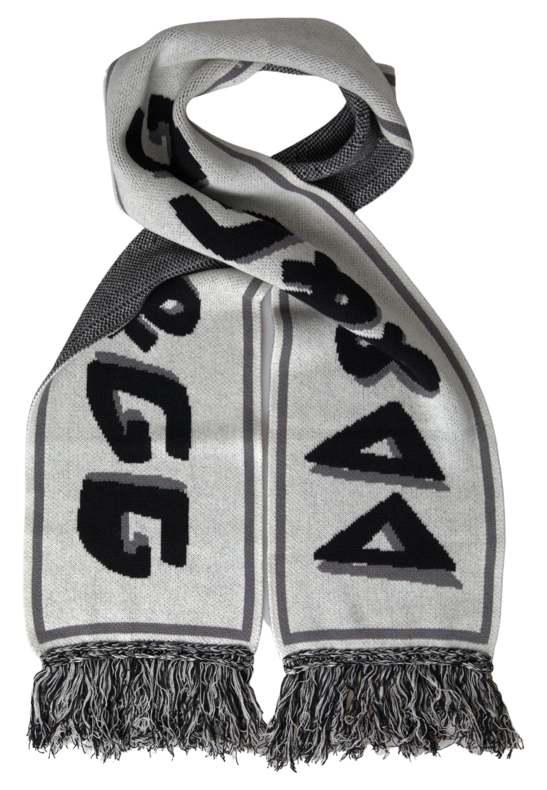 Gray cashmere knitted wrap shawl with fringe, Dolce & Gabbana fashion accessory, showcasing soft, cozy textile and stylish design.